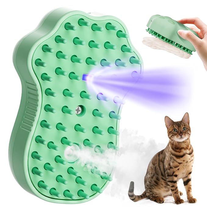 Cat Steam Brush for Shedding, 4 in 1 Steamy Cat Brush with Cleanser, Dog Massage Grooming Brush with Release Button, Pet Hair Cleaning Misting Comb for Kitten(Green Paw)