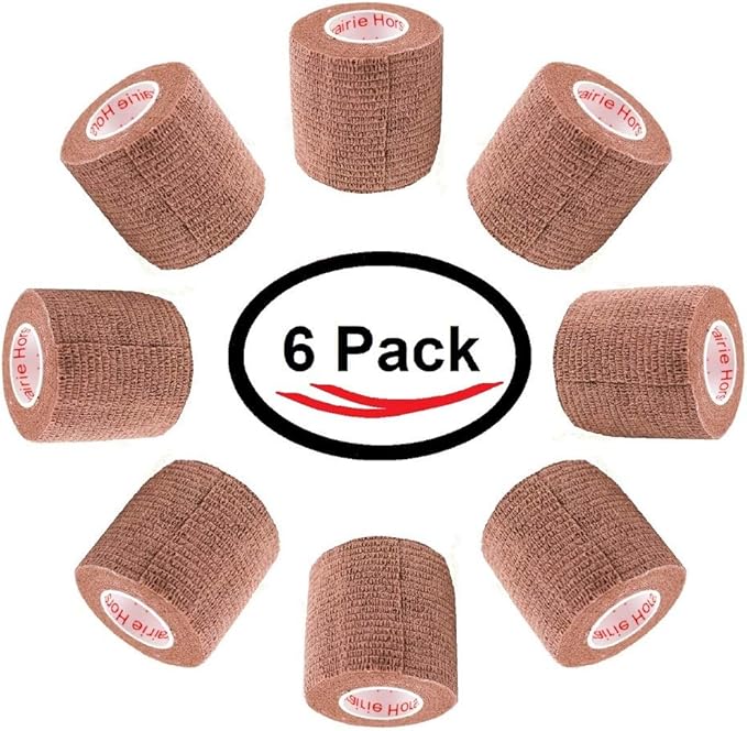 2 Inch Vet Wrap Tape Bulk (Brown) (Pack of 6) Self Adhesive Adherent Adhering Flex Bandage Grip Roll for Dog Cat Pet Horse