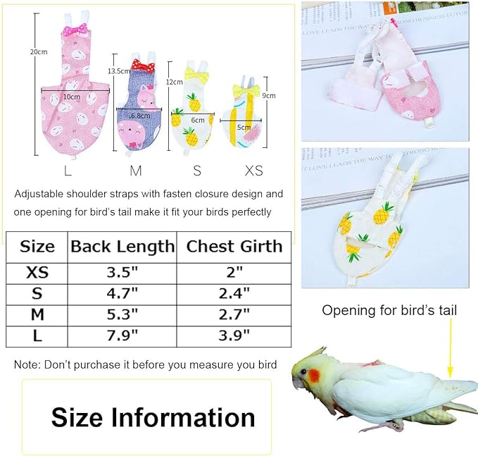 Bonaweite Bird Diaper Flight Suite Liners, Protective Parrot Nappy with Waterproof Inner Layer, Cute Urine Wet Suit for Macaw African Budgies Parakeet Agapornis Fischeri Cockatiel