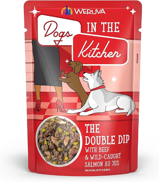 Weruva Dogs in The Kitchen, The Double Dip with Beef & Wild-Caught Salmon Au Jus Dog Food, 2.8oz Pouch (Pack of 12), Red