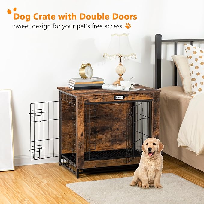 Dog Crate Furniture, 25.5" Small Dog Kennel Indoor, Wooden Dog Crate with Pull-Out Tray, Double Doors Dog House, Modern Side End Table for Small/Medium Dog, Rustic Brown BF642GW03G1