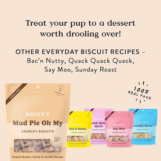 Bocce's Bakery Oven Baked Mud Pie Oh My Treats for Dogs, Everyday Wheat-Free Dog Treats, Made with Real Ingredients, All-Natural PB, Carob & Vanilla Biscuits, 5 oz