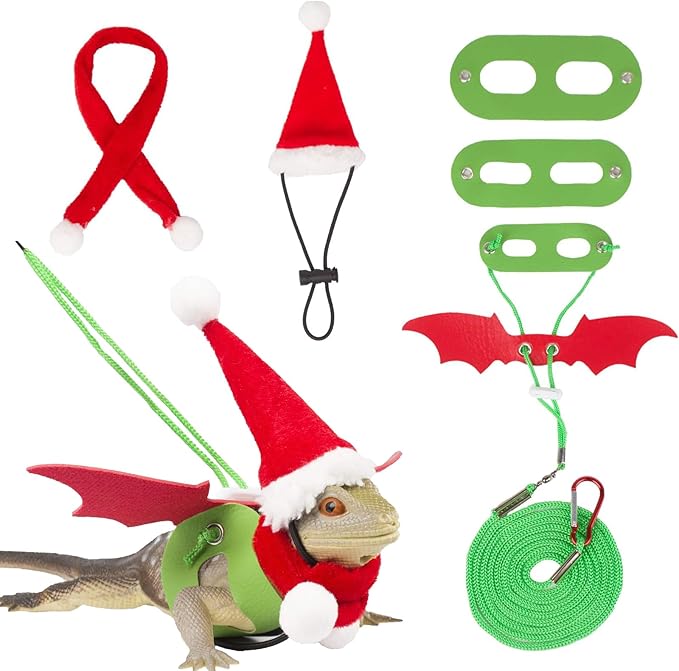 Christmas Bearded Dragon Santa Hat Bearded Dragon Leashes and Harnesses S/M/L 3 Size Lizard Harness Mini Santa Hats Scarf Adjustable Bearded Dragon Leash for Big Bearded Lizard