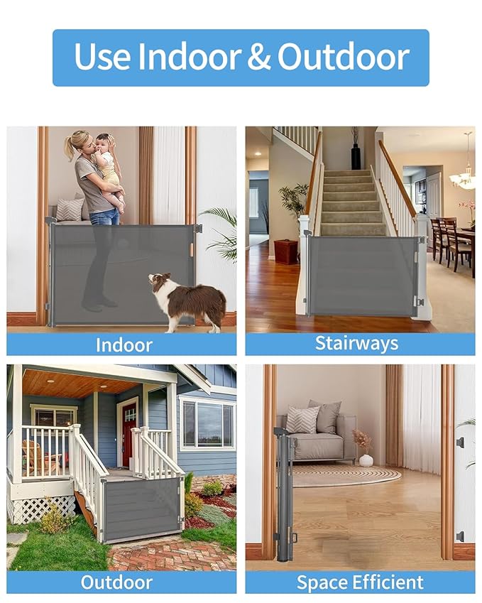 Retractable Baby Gate,Mesh Baby Gate or Mesh Dog Gate,33" Tall,Extends up to 55" Wide,Child Safety Gate for Doorways, Stairs, Hallways, Indoor/Outdoor（Grey,33"x55")