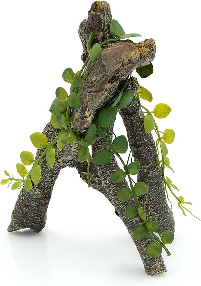 AQUA KT Reptile Corner Branch with Green Leaves Terrarium Desert Habitat Decoration for Lizard Snake Bearded Dragon Chameleon Hermit Crab Leopard Gecko Amphibian Climbing