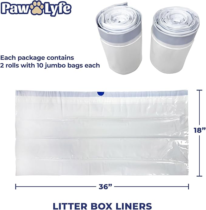 PawLyfe Litter Box Liners: Heavy Duty - Thickest Litter Liner on the Market 4MIL - Tear & Leak Resistant - Drawstring Close - Jumbo, 36” x 18” - 20 Count Jumbo Size Draw String Litter Liners for Cats