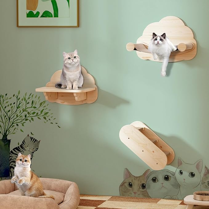 Wall Mounted Cat Furniture 3PCS Set, Solid Wood Cat Shelves and Perches for Wall Cat Hammock Cat Perches Cat Climbing Wall Steps Cat Ladder for Kitty & Kitten