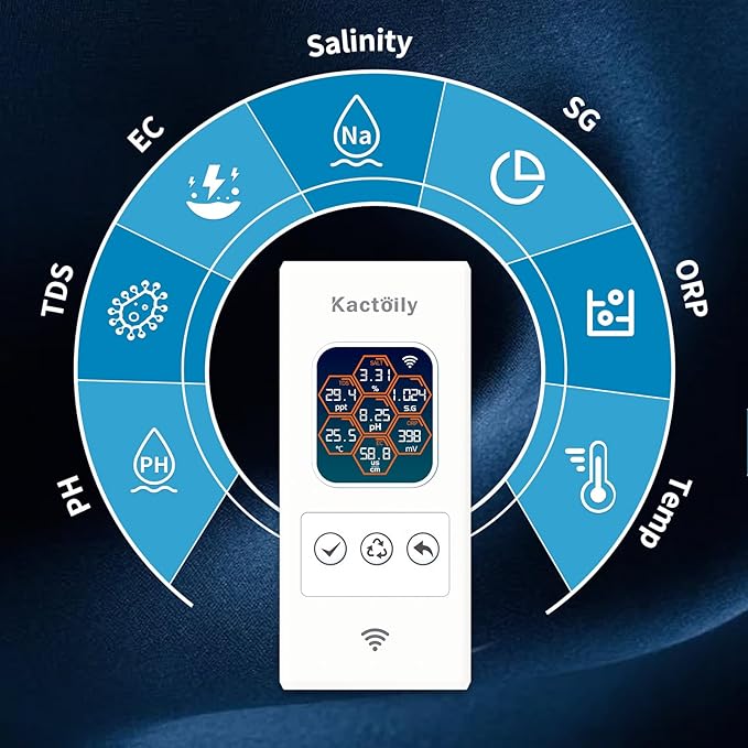 Newest Smart Aquarium Monitor All in One pH/ORP/Salt/S.G/TDS/EC/Temp 24h Online Freshwater and Saltwater Fish Tank Tester (WiFi Version)
