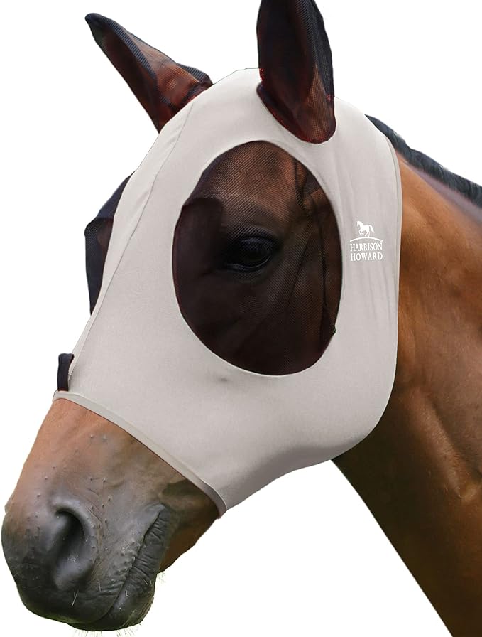 Harrison Howard Super Comfort Stretchy Fly Mask Large Eye Space with UV Protection Soft on Skin with Breathability Gentle Grey XL Extra Full Size