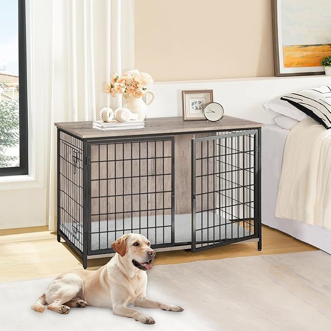 Dog Crate Furniture with Cushion, Wooden Dog Kennel with Double Doors, Heavy Duty Dog Cage for Small/Medium/Large Dogs, Indoor Dog House End Table, 39.4" L, Greige DCHG10701