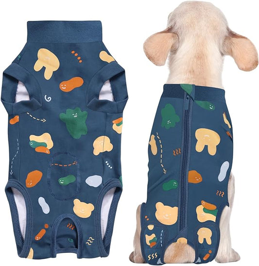 Recovery Suit for Dogs, Dog Surgery Recovery Suit with Zipper Closure Post Spay, Neuter, Abdominal Surgical Suit for Male Female Dogs Can Pee, Prevent Licking Dog Onesies, Blue Bear, XS