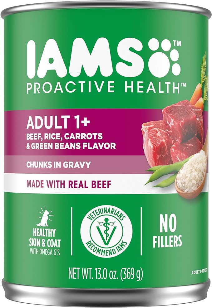 IAMS PROACTIVE HEALTH Adult Wet Dog Food Chunks in Gravy Beef, Rice, Carrots & Green Beans Flavor, 12-Pack of 13 oz. Cans