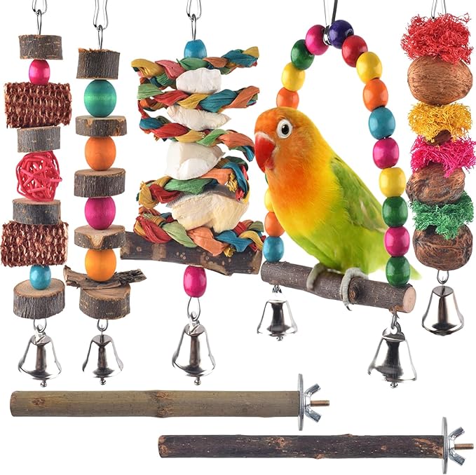 Bissap Bird Chew Toys, 7 Packs Parakeet Natural Wood Toys Parrot Hanging Cage Toy Bird Perch Stand for Small Bird Conure Cockatiel Parrotlet Lovebird Budgie