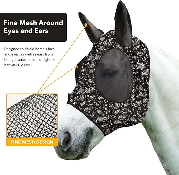 Harrison Howard Super Comfort Stretchy Fly Mask Large Eye Space with UV Protection Soft on Skin with Breathability Paisley Wave Full (Large)