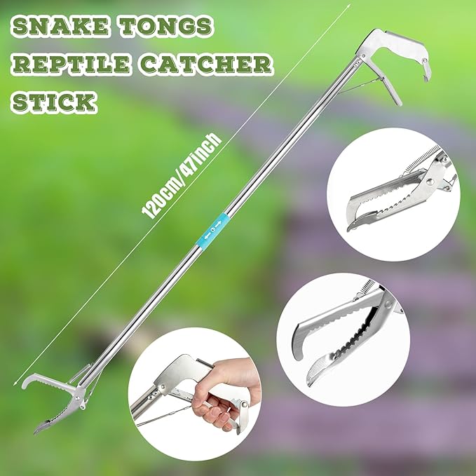 2 Pieces 47 Inch Snake Tongs Rattlesnake Grabber Collapsible Snake Grabber Tool Stainless Steel Reptile Grabbing Stick with Lock Zigzag Wide Jaw for Outdoor