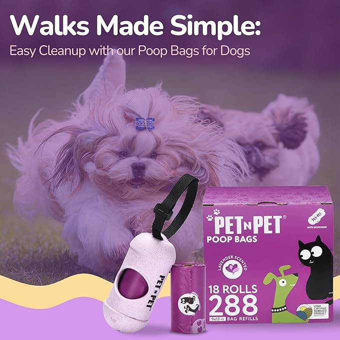 ﻿Pet N Pet Poop Bags for Dogs, 288 Counts Lavender Scented Dog Poop Bags with Leash Dispenser, USDA Certified 38% Plant Based & 62% PE Dog Waste Bags, Dog Poop Bags Rolls, Scented Dog Bags for Poop