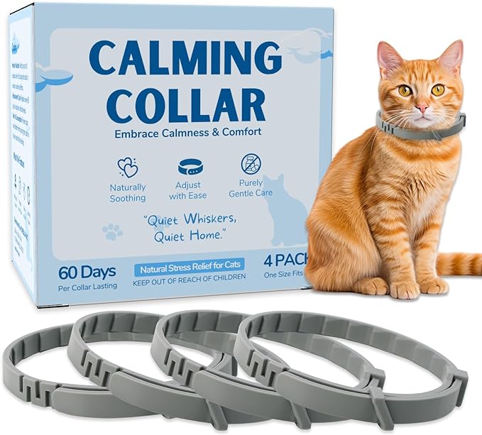 Virine Calming Down Collar for Cats Pheromones Anxiety Relief Calming Collar Cat Relaxer 4 Pack, 60 Days of Calming Each Collar, Adjustable Size for All Cats (Grey)