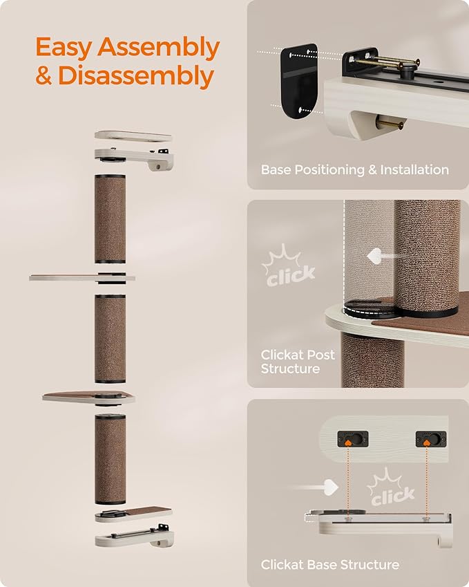 Feandrea Clickat Oasis - Cat Wall Furniture, Set of 5, Cat Wall Shelf, Wall-Mounted Cat Hammock, Scratching Post, Cave, Extremely Quick Assembly, Unlimited Expandability, Replaceable Module and Parts