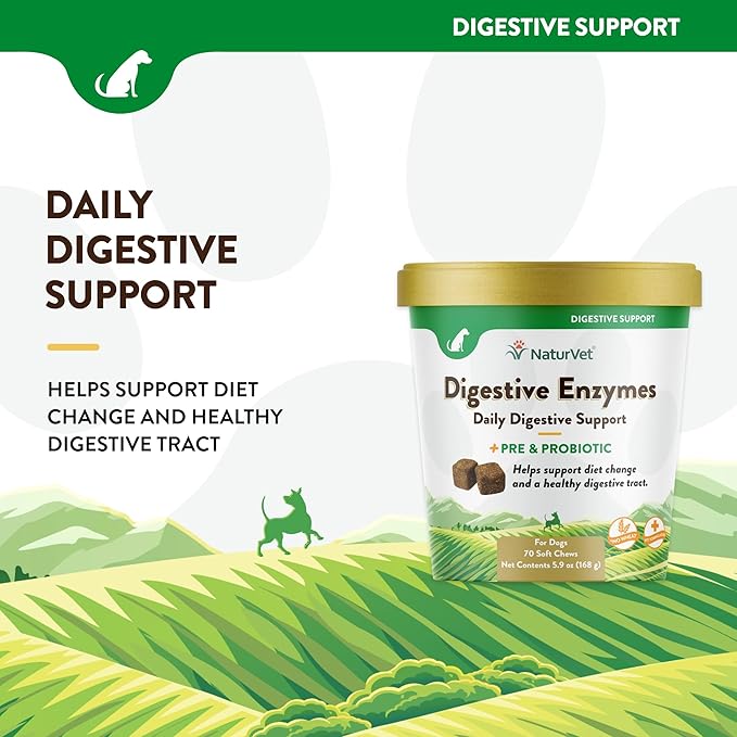 NaturVet – Digestive Enzymes - Plus Probiotics & Prebiotics – Helps Support Diet Change & A Healthy Digestive Tract – for Dogs & Cats (Soft Chews, 70 Count)