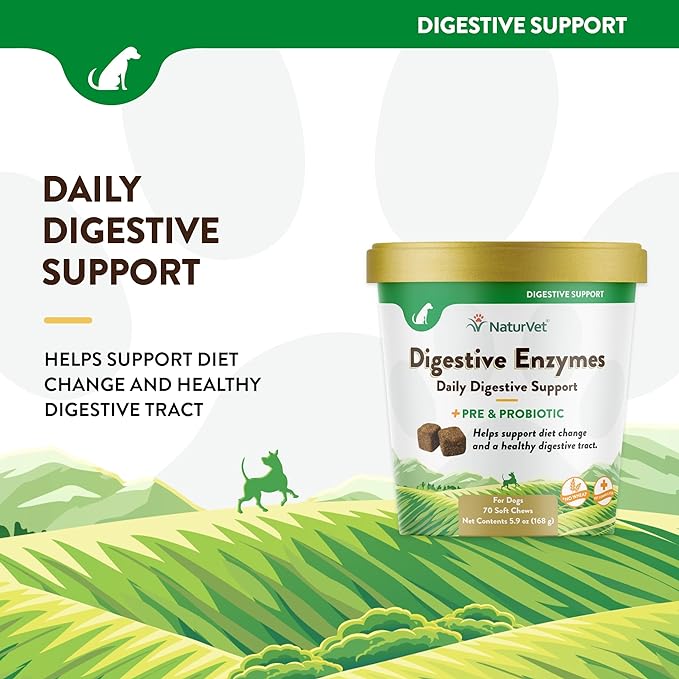 NaturVet – Digestive Enzymes - Plus Probiotics & Prebiotics – Helps Support Diet Change & A Healthy Digestive Tract – for Dogs & Cats (Soft Chews, 70 Count)