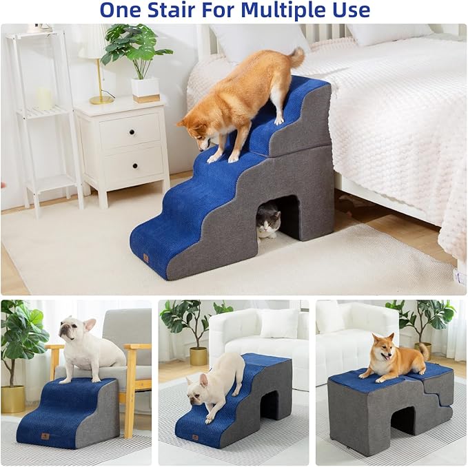 Dog Stairs Ramp for High Beds and Couch,Curved Dog Steps for Small Dogs and Cats Pet Stairs Non-Slip Balanced Portable Pet Step Indoor, 5 Steps,Navy Blue