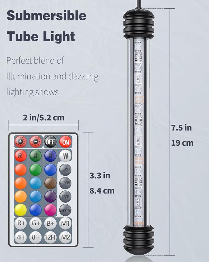 Pawfly Aquarium LED Light Underwater Fish Tank Light with Timer Auto On/Off Fish Tank Background Light with 4 Lighting Modes & 16 Single Color Effects Submersible Tube Light for Decoration