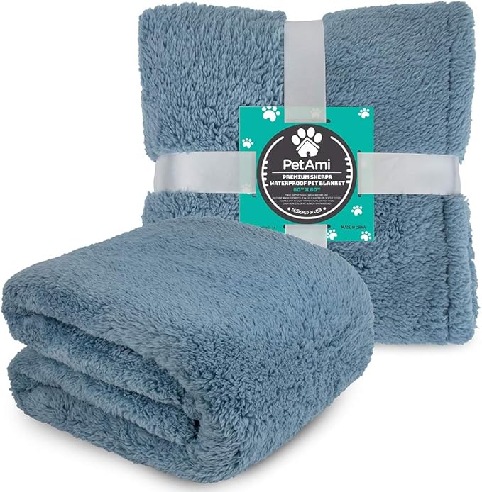 PetAmi Fluffy Waterproof Dog Blanket for Bed Large Dogs, Soft Warm Pet Sherpa Throw Pee Proof Couch Cover, Reversible Cat Blanket Sofa Crate Kennel Protector, Washable Mat (Dusty Blue, 60x80)