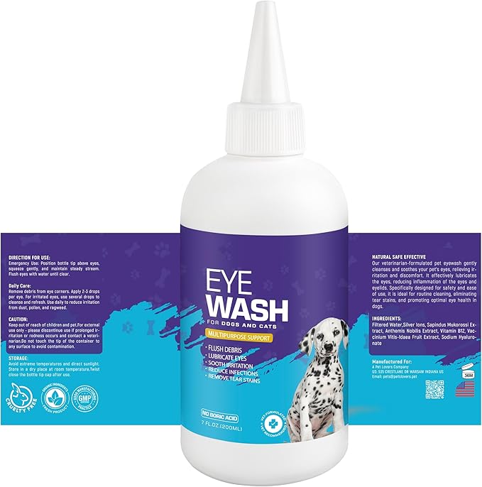 Dog Eye Drops 200ml,All Natural Ingredients Eye Wash for Dogs and Cats, Cleanses Tear Stains, Mucus, Improves Allergy Symptoms and Dry Eyes(2pack)