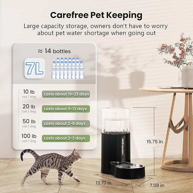 CZPET Automatic 7L Dog and Cat Water Dispenser with Stainless Steel Bowl Gravity Waterer,100% BPA-Free,Large Capacity and Drinking Area Noise-Free for Pets(7L Water Dispenser, Black)