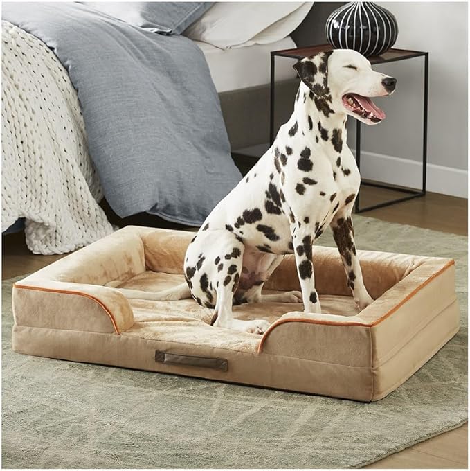 Friends Forever Orthopedic Dog Bed, Bolster Dog Bed with Memory Foam Dog Couch Sofa and Removable Washable Cover, Ally Khaki, 35x25x6.5