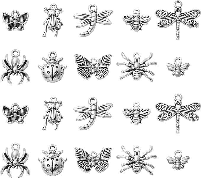 Stiesy 100 Pcs Insect Themed Tibetan Alloy Charms Vintage Dragonfly Bee Spider Cicada Ladybird Charms for DIY Crafts Keychain Making
