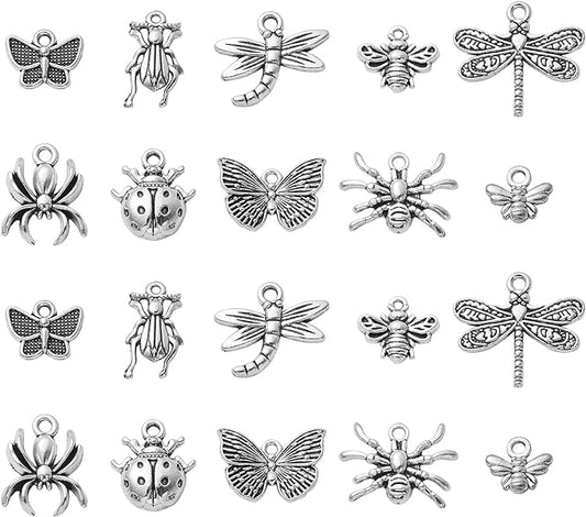 Stiesy 100 Pcs Insect Themed Tibetan Alloy Charms Vintage Dragonfly Bee Spider Cicada Ladybird Charms for DIY Crafts Keychain Making