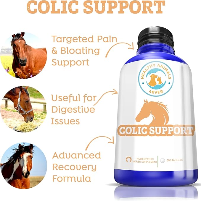 Healthy Animals 4Ever All-Natural Horse Colic Support - Reduces Abdominal Pain and Other Stomach Issues - Supplements for Horses - Homeopathic & Highly Effective - 300 Tablets