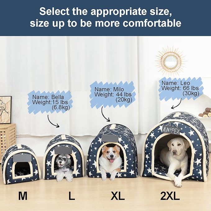ANPPEX Dog House Indoor,2 in 1 Washable Covered Dog Bed,Insulated Cozy Dog Igloo Cave,2XL Size for Large Dogs,Blue