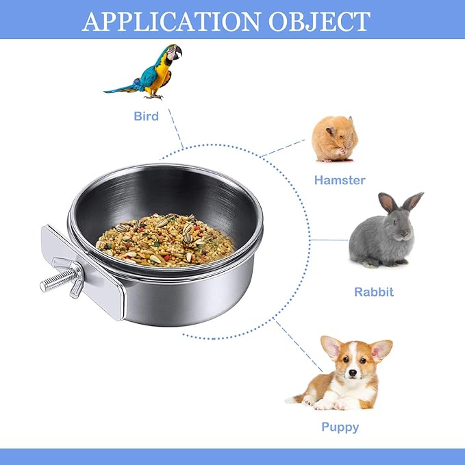 HERCOCCI Bird Feeder Dish Cup, Stainless Steel Parrot Food Bowl Feeding Coop Cups Clamp Holder, Bird Water Cage Bowl for Parakeet Lovebird Conure Cockatiel Budgie Chinchilla (4 Pieces)