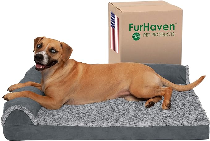 Furhaven Cooling Gel Dog Bed for Large/Medium Dogs w/ Removable Bolsters & Washable Cover, For Dogs Up to 55 lbs - Two-Tone Plush Faux Fur & Suede L Shaped Chaise - Stone Gray, Large