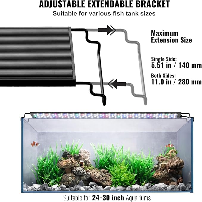 VEVOR Aquarium Light with LCD Monitor, 22W Full Spectrum Fish Tank Light with 24/7 Natural Mode, Adjustable Brightness & Timer - Aluminum Alloy Shell Extendable Brackets for 24"-30" Freshwater Tank