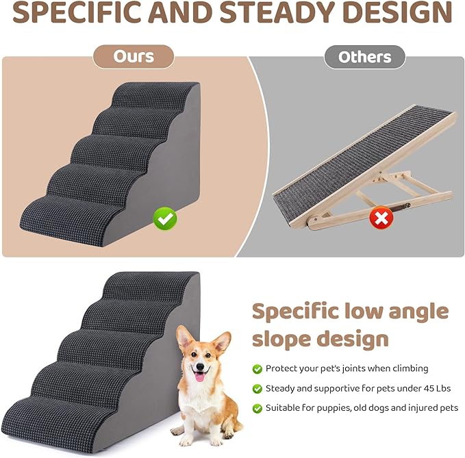 Dog Stairs for High Beds, 5-Step Dog Stairs for Small Dogs and Cats High Density Foam Dog Steps for Couch & Bed, Pet Stairs with Non-Slip Bottom for Doggies, Old Dogs and Injured Pets, Grey