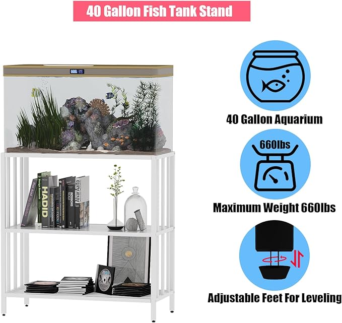 Fish Tank Stand with Metal Shelves, 40 Gallon Aquarium Stand Heavy Duty Turtle Tank Terrariums Tank Breeder Reptile Tank Stand for Home Office, 36.6” x 18.5” x 29.5” (White)