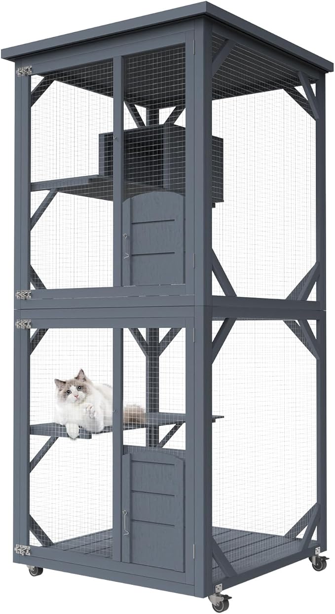 Catio Outdoor Cat House, Wooden Large Enclosure with Run on Wheels, 64" Outdoor/Indoor Cat Catio for Multiple Cats with Waterproof Roof, Platforms, Resting Box, Cat Scratching Post