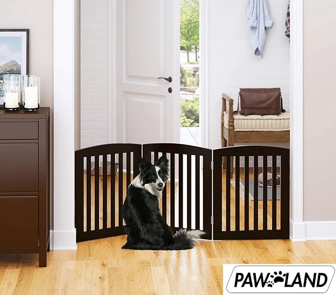 PAWLAND Wooden Freestanding Foldable Pet Gate for Dogs, 24 inch 3 Panels Step Over Fence, Dog Gate for The House, Doorway, Stairs, Extra Wide (Espresso, 24" Height-3 Panels)