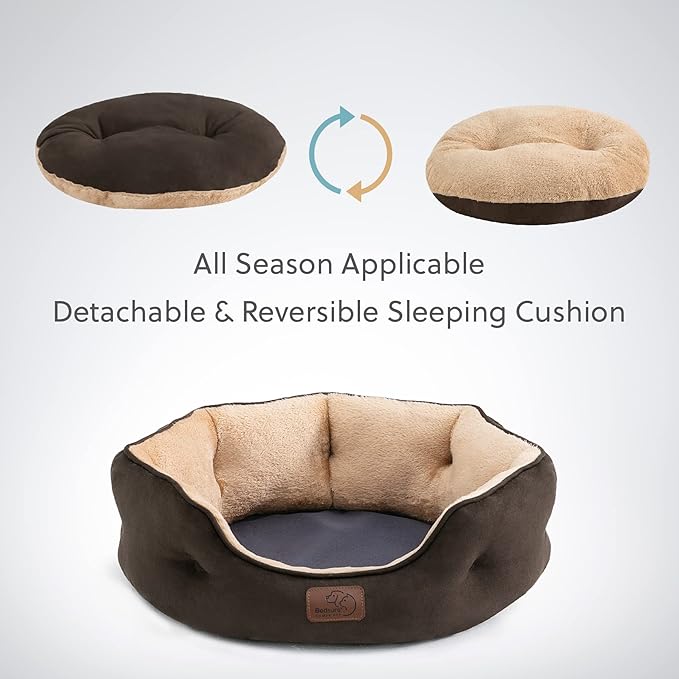 Bedsure Dog Beds for Small Dogs - Round Cat Beds for Indoor Cats, Washable Pet Bed for Puppy and Kitten with Slip-Resistant Bottom, 25 Inches, Brown