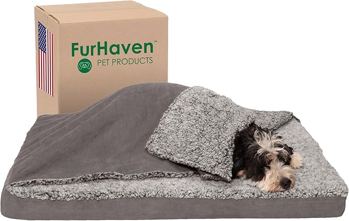 Furhaven Orthopedic Dog Bed for Large/Medium Dogs w/ Removable Washable Cover, For Dogs Up to 55 lbs - Berber & Suede Blanket Top Mattress - Gray, Large