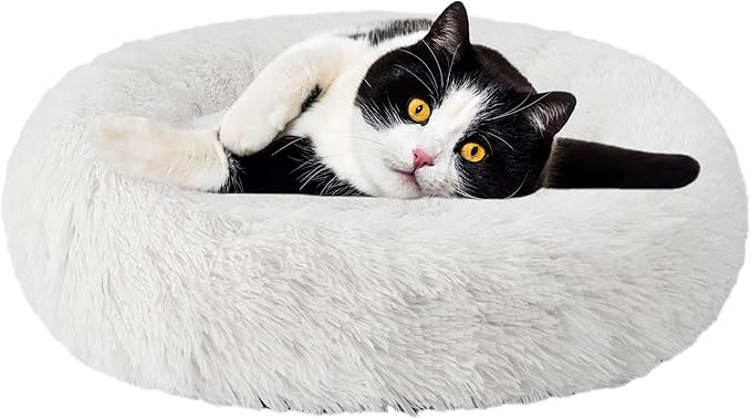 Aurako Cat Bed Dog Bed Round Cushion Pet Bed Mat Ultra Soft Plush Donut Sofa Comfortable Pillow Machine Washable Pet Cuddle Beds for Kitten Small Medium Large Dogs Cats 20" Milky White