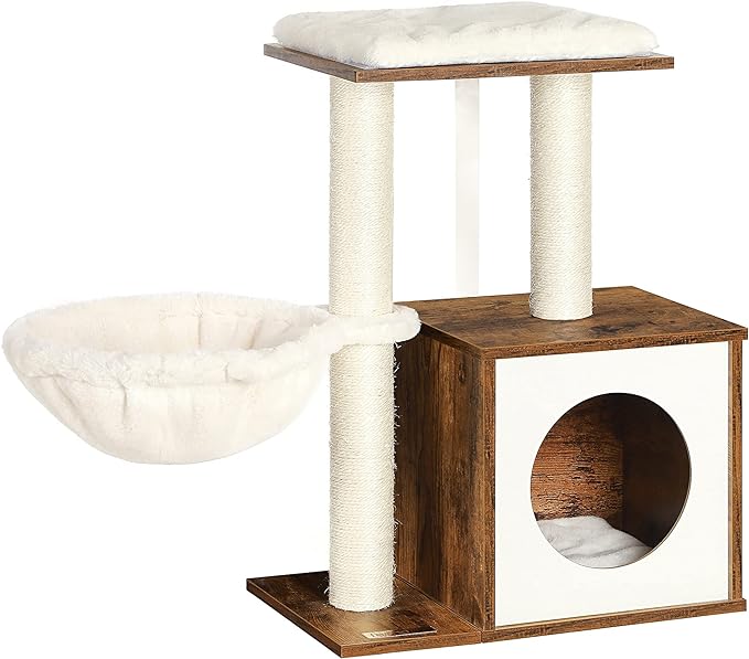 FEANDREA WoodyWonders Small Cat Tree for Kittens, Modern Cat Tower for Indoor Cats, Cat Condo with Scratching Posts, Removable Washable Cushions, Rustic Brown UPCT122X01