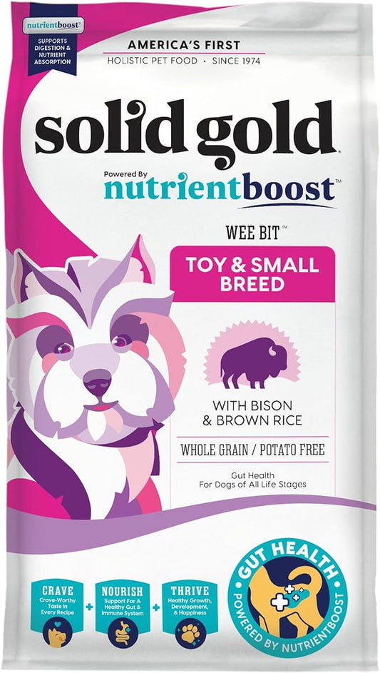 Solid Gold Small Breed Dog Food - Nutrientboost Wee Bit Whole Grain Made w/Real Bison, Brown Rice, & Pearled Barley - High Fiber, Probiotic Dry Dog Food for Dogs with Sensitive Stomachs - 3.75 LB