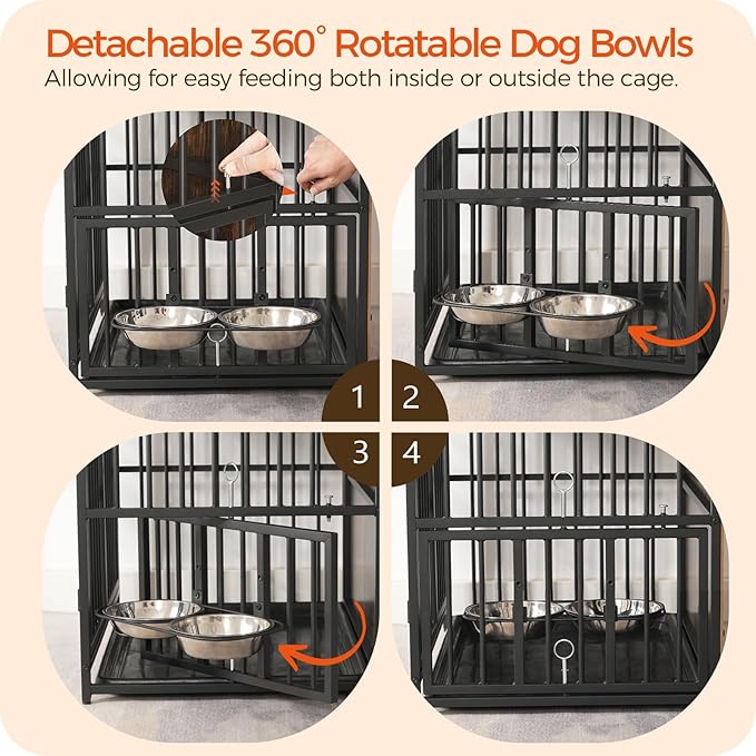Dog Crate Furniture with Storage, 31.5" Heavy Duty Dog Kennel with Bowls & Removable Tray, Wooden Dog Cage End Table for Small/Medium Dogs, Chew-Resistant, Rustic Brown DCHR10801