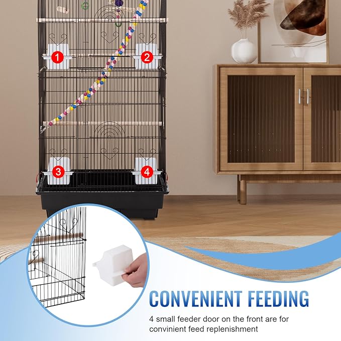 FDW 39 Inch Bird Cage Parakeet Cage with Play Top Rolling Stand & Easy Clean Pull-Out Tray Roof Top Parrot Cage for for Finches Canaries Parakeets Cockatiels & Other Small Birds, Black