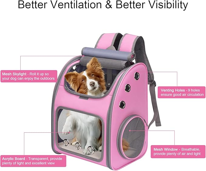 Expandable Pet Carrier Backpack for Cats, Dogs and Small Animals, Portable Pet Travel Carrier, Super Ventilated Design, Airline Approved, Ideal for Traveling/Hiking/Camping, Pink