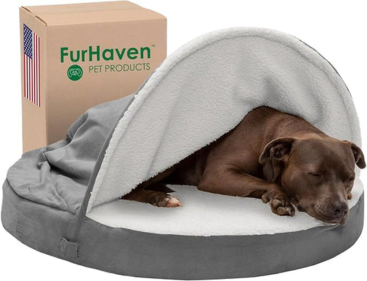 Furhaven 35" Round Cooling Gel Dog Bed for Large/Medium Dogs w/ Removable Washable Cover, For Dogs Up to 50 lbs - Sherpa & Suede Snuggery - Gray, 35-inch